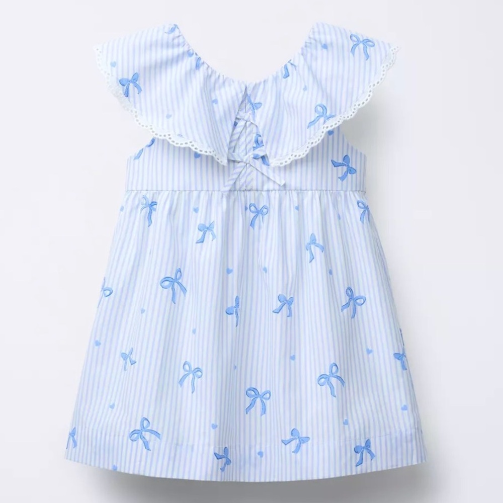 Zara Girls Striped Bow Dress Size 5 Blue White Cotton Holiday Dress NWT Gift
